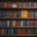 An array of investment books on a wooden shelf