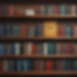 An array of investment books on a wooden shelf