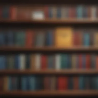 An array of investment books on a wooden shelf