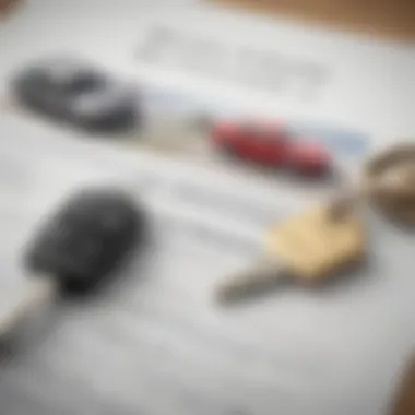 A close-up of a car key and a contract symbolizing the purchase agreement.