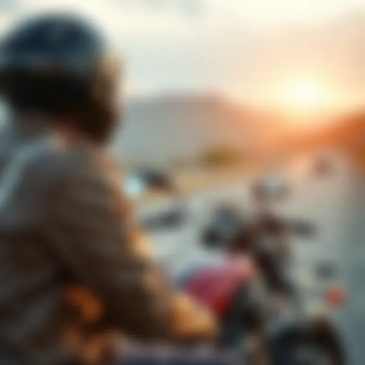 Rider Contemplating Motorcycle Purchase A serene image of a rider contemplating a motorcycle purchase near a scenic route, encapsulating the freedom and choice in financing.