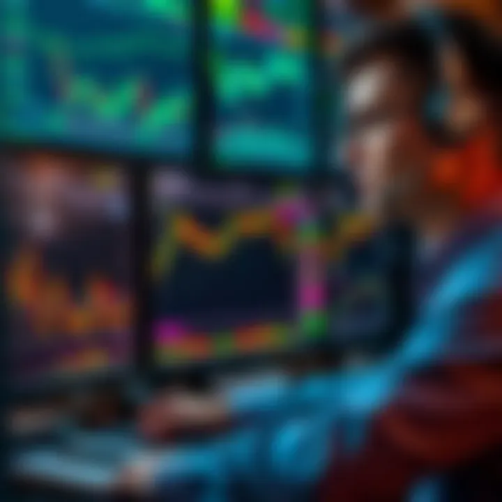 A trader analyzing market charts and data on multiple screens.