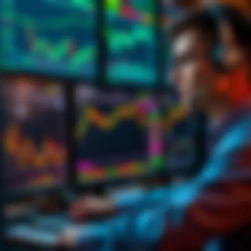 Analyzing Market Trends A trader analyzing market charts and data on multiple screens.