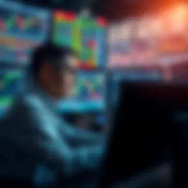 Market Analysis in Currency Trading Trader analyzing market trends on multiple screens