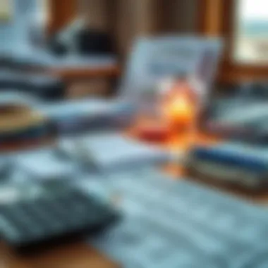 Organized Workspace for Tax Planning An organized workspace with financial documents and a calculator.