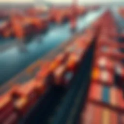 Aerial view of bustling container port showcasing numerous shipping containers stacked