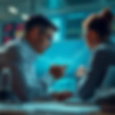 Investor Analysis Using Line Charts Investors analyzing a line chart for strategic decision making