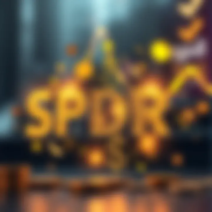 A visual representation of the SPDR acronym with dynamic financial symbols