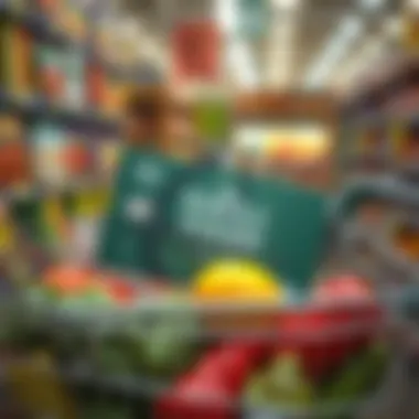 A shopping cart filled with groceries and the Whole Foods Visa Credit Card